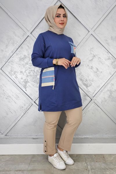 KADIN NERVÜR DİKİM TAŞ DETAYLI TESETTÜR TUNİK İNDİGO - 5 BEDEN
