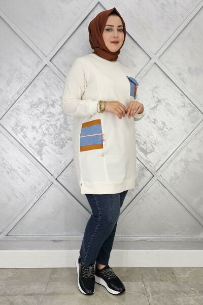 KADIN NERVÜR DİKİM TAŞ DETAYLI TESETTÜR TUNİK EKRU - 3 BEDEN