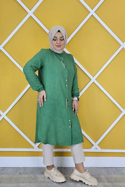 KADIN PATI ŞERİT GARNİLİ KETEN TESETTÜR GÖMLEK BENETTON - 2 BEDEN