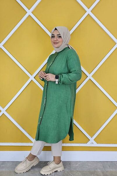 KADIN PATI ŞERİT GARNİLİ KETEN TESETTÜR GÖMLEK BENETTON - 2 BEDEN
