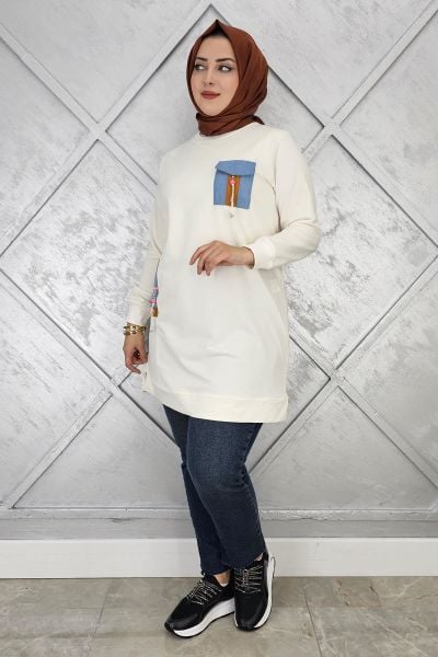 KADIN NERVÜR DİKİM TAŞ DETAYLI TESETTÜR TUNİK EKRU - 4 BEDEN