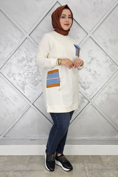 KADIN NERVÜR DİKİM TAŞ DETAYLI TESETTÜR TUNİK EKRU - 4 BEDEN