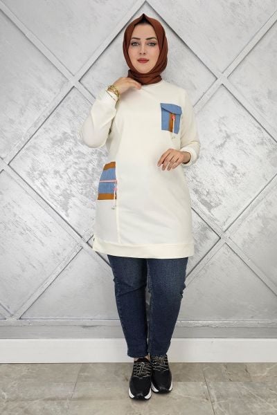KADIN NERVÜR DİKİM TAŞ DETAYLI TESETTÜR TUNİK EKRU - 4 BEDEN