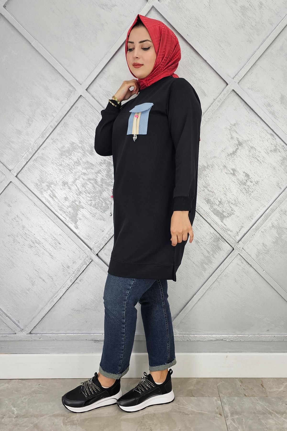 KADIN NERVÜR DİKİM TAŞ DETAYLI TESETTÜR TUNİK SİYAH - 4 BEDEN