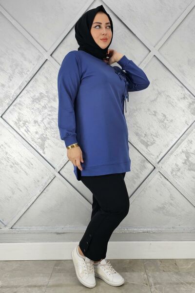 KADIN DÜĞME TAŞ DETAYLI BİYELİ TESETTÜR TUNİK İNDİGO - TOPTAN