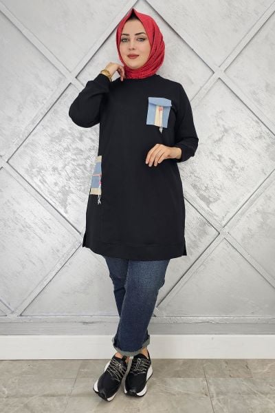 KADIN NERVÜR DİKİM TAŞ DETAYLI TESETTÜR TUNİK SİYAH - 5 BEDEN