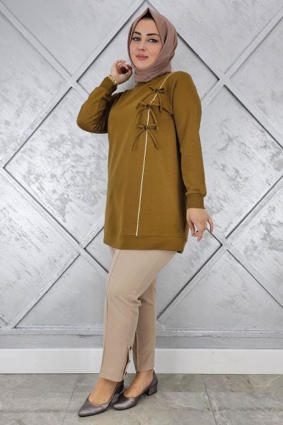 KADIN DÜĞME TAŞ DETAYLI BİYELİ TESETTÜR TUNİK YAĞ YEŞİLİ - L