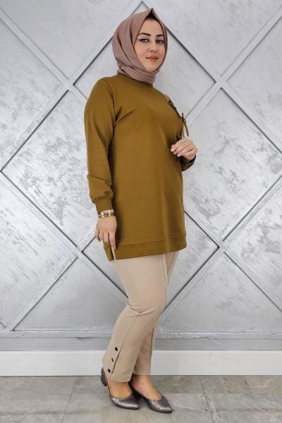 KADIN DÜĞME TAŞ DETAYLI BİYELİ TESETTÜR TUNİK YAĞ YEŞİLİ - L