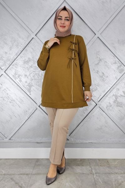 KADIN DÜĞME TAŞ DETAYLI BİYELİ TESETTÜR TUNİK YAĞ YEŞİLİ - L