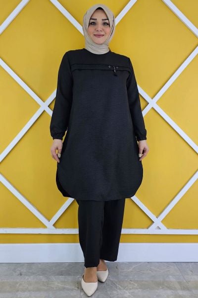 KADIN ALLER ÜSTÜ AKSESUAR DETAYLI TESETTÜR TUNİK SİYAH - 2XL