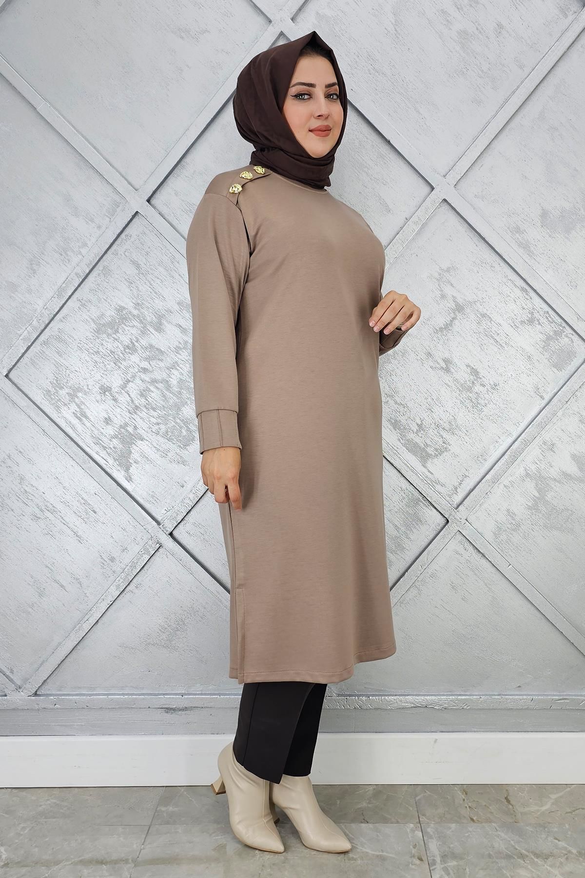 KADIN DÜĞME DETAYLI TESETTÜR TUNİK VİZON - 5 BEDEN