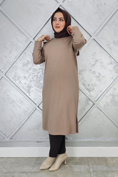 KADIN DÜĞME DETAYLI TESETTÜR TUNİK VİZON - 5 BEDEN