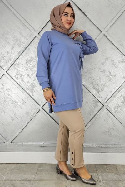 KADIN DÜĞME TAŞ DETAYLI BİYELİ TESETTÜR TUNİK MAVİ - XL