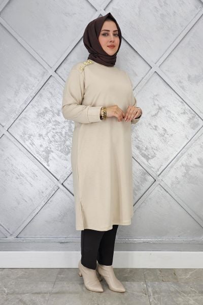 KADIN DÜĞME DETAYLI TESETTÜR TUNİK BEJ - 2 BEDEN