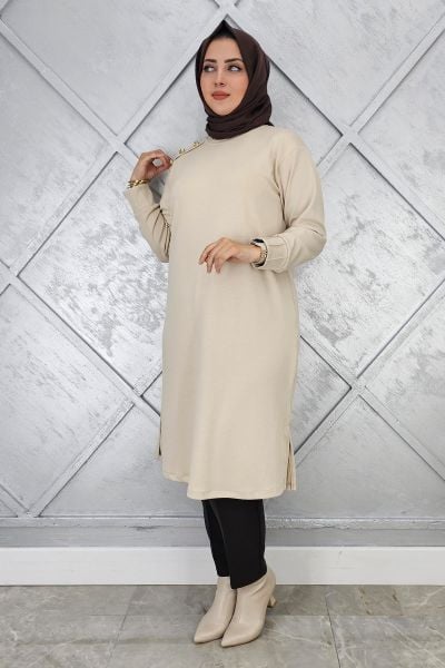 KADIN DÜĞME DETAYLI TESETTÜR TUNİK BEJ - 2 BEDEN