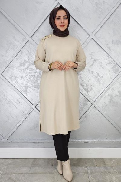KADIN DÜĞME DETAYLI TESETTÜR TUNİK BEJ - 2 BEDEN