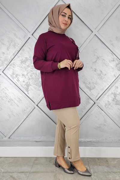 KADIN DÜĞME TAŞ DETAYLI BİYELİ TESETTÜR TUNİK BORDO - XL