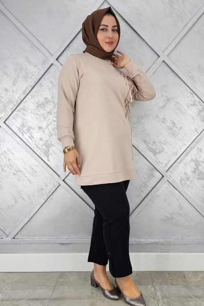 KADIN DÜĞME TAŞ DETAYLI BİYELİ TESETTÜR TUNİK BEJ - XL