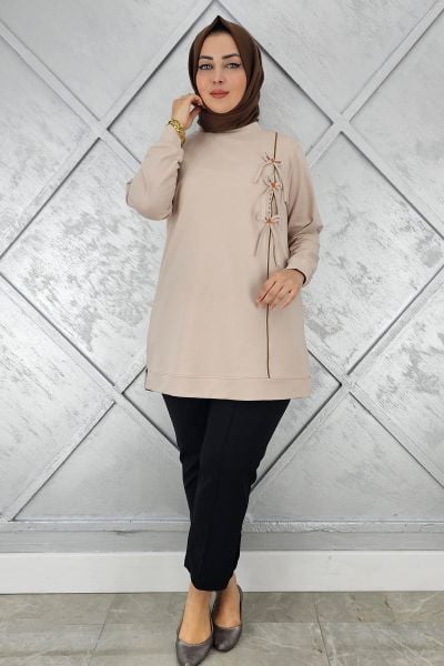 KADIN DÜĞME TAŞ DETAYLI BİYELİ TESETTÜR TUNİK BEJ - XL