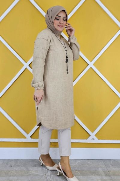 KADIN KOLLARI NERVÜR DETAYLI TESETTÜR TUNİK BEJ - XL