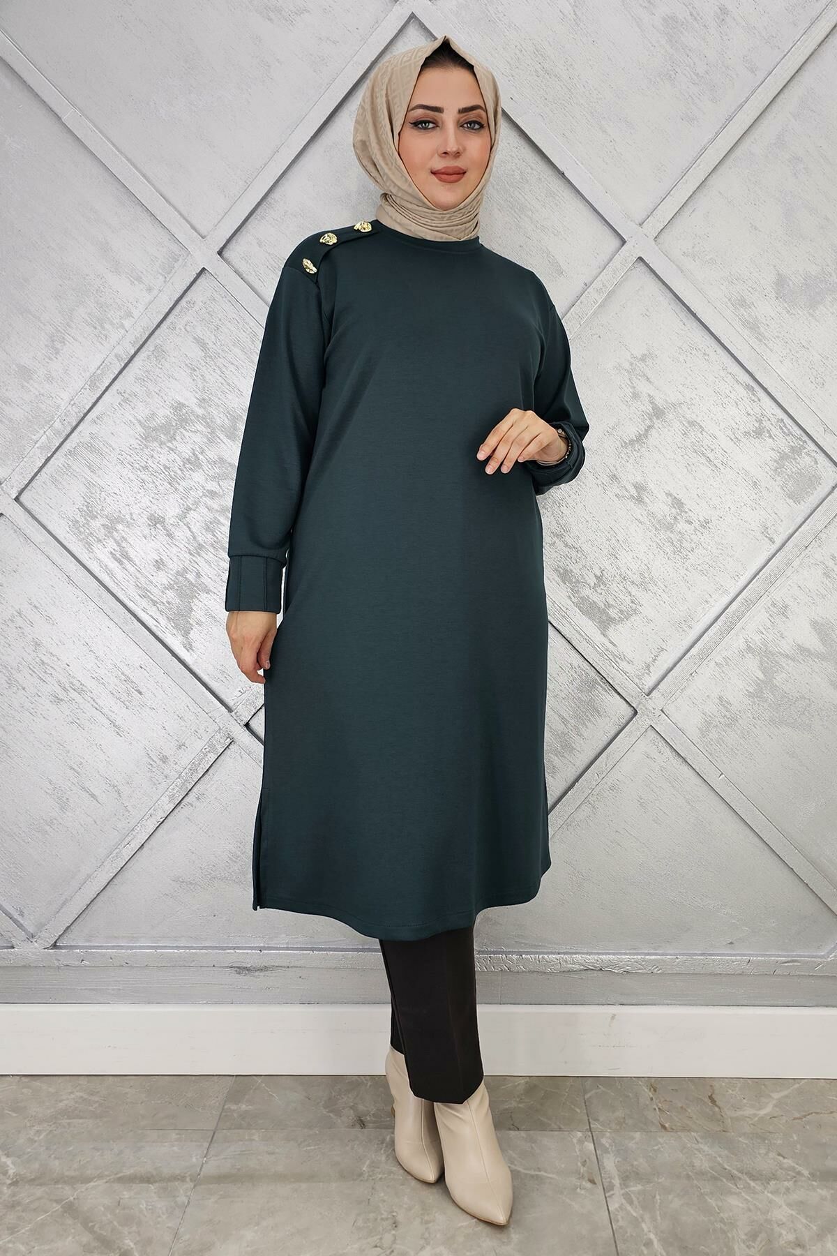 KADIN DÜĞME DETAYLI TESETTÜR TUNİK PETROL YEŞİLİ - 2 BEDEN