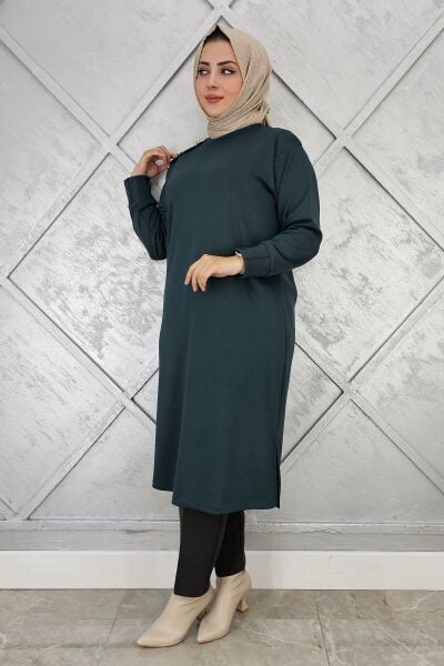 KADIN DÜĞME DETAYLI TESETTÜR TUNİK PETROL YEŞİLİ - 2 BEDEN