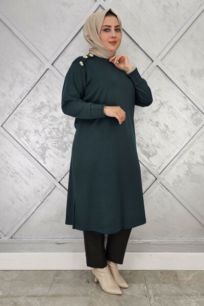 KADIN DÜĞME DETAYLI TESETTÜR TUNİK PETROL YEŞİLİ - 2 BEDEN