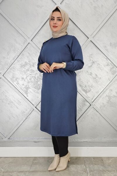 KADIN DÜĞME DETAYLI TESETTÜR TUNİK İNDİGO - 5 BEDEN