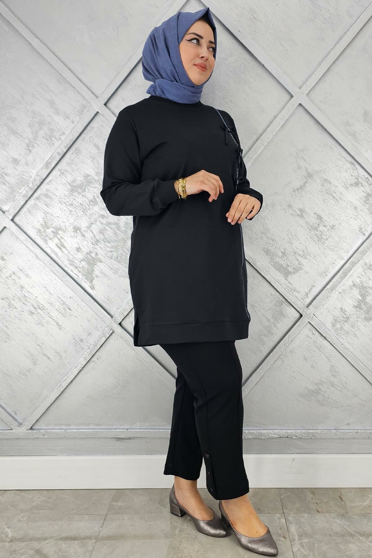 KADIN DÜĞME TAŞ DETAYLI BİYELİ TESETTÜR TUNİK SİYAH - XL