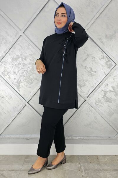 KADIN DÜĞME TAŞ DETAYLI BİYELİ TESETTÜR TUNİK SİYAH - XL