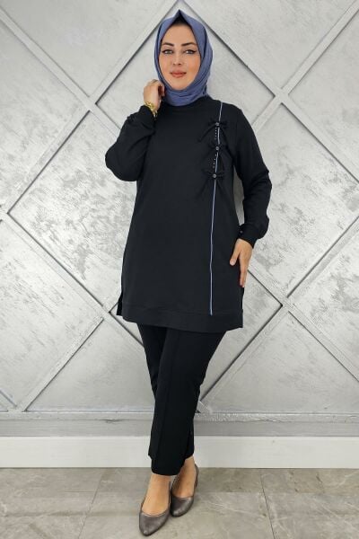 KADIN DÜĞME TAŞ DETAYLI BİYELİ TESETTÜR TUNİK SİYAH - XL