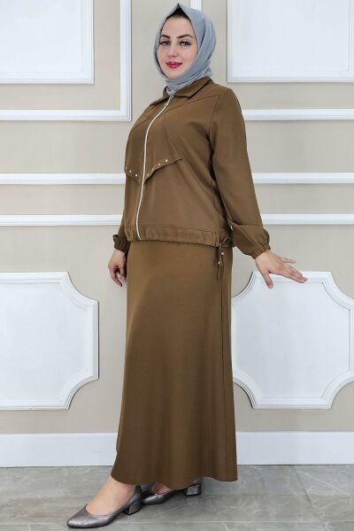 PYS KADIN ALLER DİKİM TAŞ DETAYLI TESETTÜR TAKIM KAHVERENGİ - 3 BEDEN