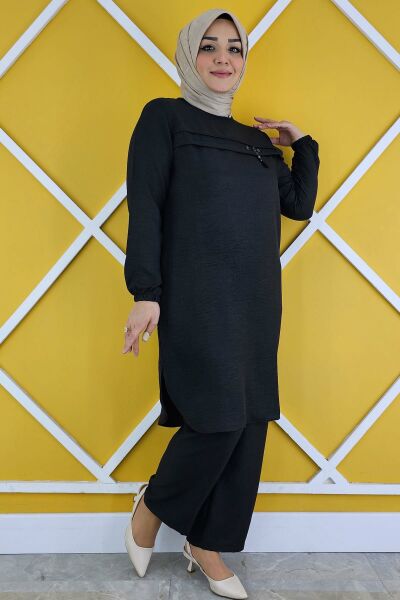 KADIN ALLER ÜSTÜ AKSESUAR DETAYLI TESETTÜR TUNİK SİYAH - XL