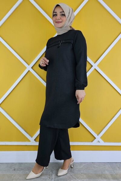 KADIN ALLER ÜSTÜ AKSESUAR DETAYLI TESETTÜR TUNİK SİYAH - XL
