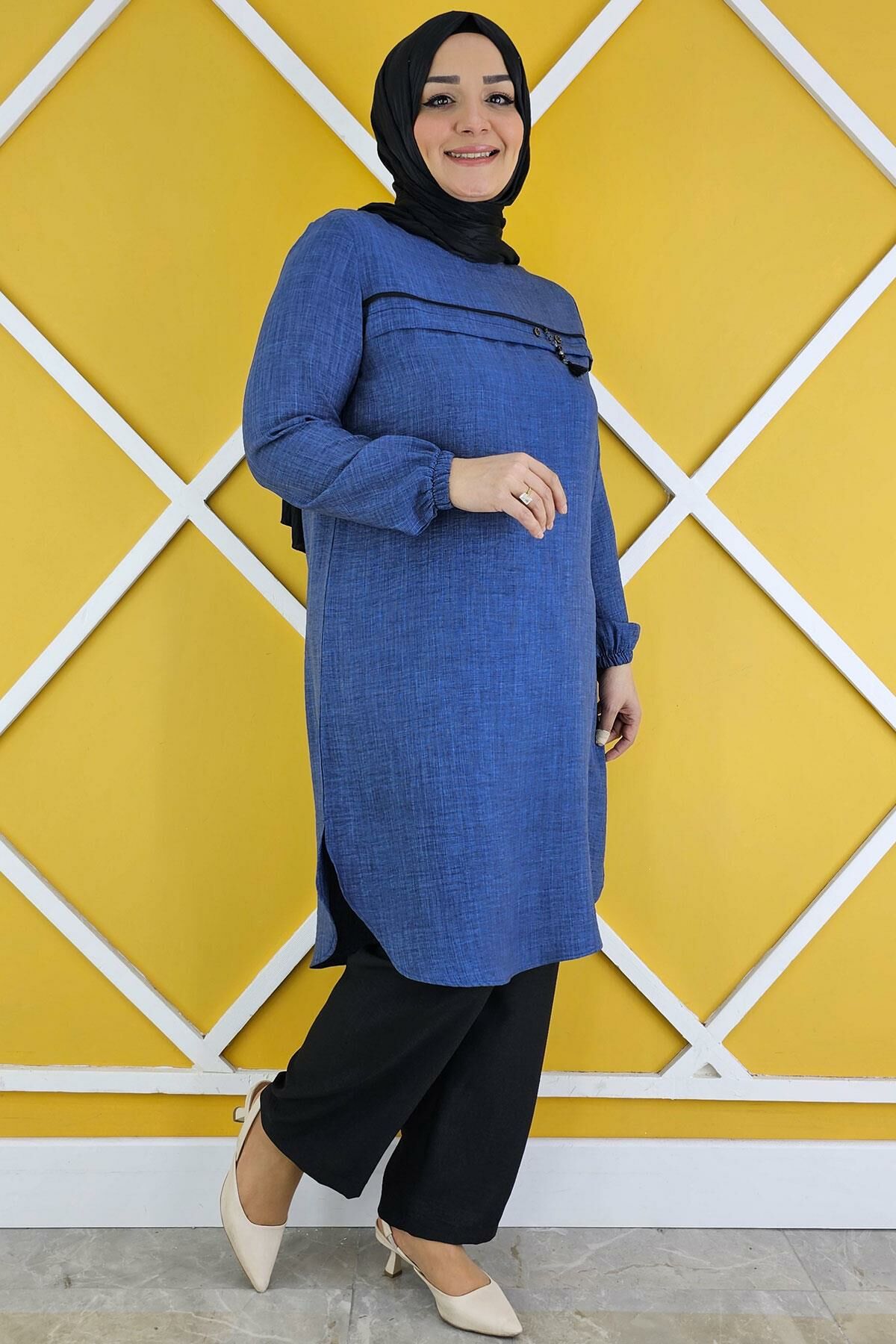 KADIN ALLER ÜSTÜ AKSESUAR DETAYLI TESETTÜR TUNİK İNDİGO - 2XL