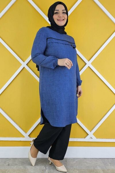 KADIN ALLER ÜSTÜ AKSESUAR DETAYLI TESETTÜR TUNİK İNDİGO - 2XL