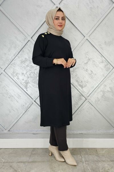 KADIN DÜĞME DETAYLI TESETTÜR TUNİK SİYAH - 4 BEDEN