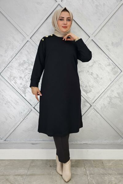 KADIN DÜĞME DETAYLI TESETTÜR TUNİK SİYAH - 4 BEDEN