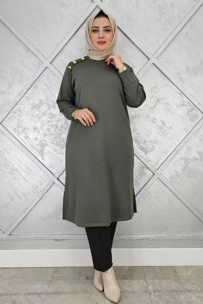 KADIN DÜĞME DETAYLI TESETTÜR TUNİK HAKİ - 3 BEDEN