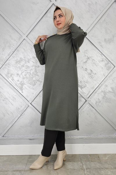 KADIN DÜĞME DETAYLI TESETTÜR TUNİK HAKİ - 3 BEDEN