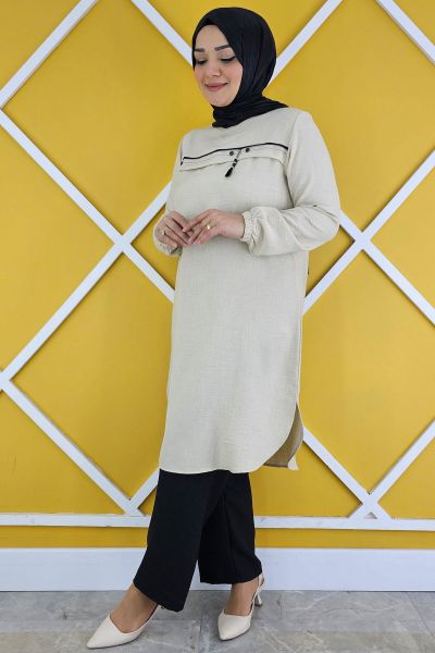 KADIN ALLER ÜSTÜ AKSESUAR DETAYLI TESETTÜR TUNİK TAŞ - L