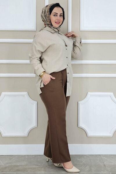 PYS KADIN LİKRALI CEPLİ BELİ BAĞCIKLI PANTOLON KAHVERENGİ - 46