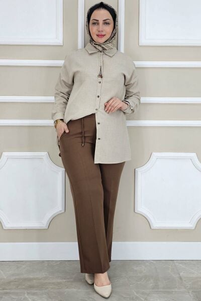 PYS KADIN LİKRALI CEPLİ BELİ BAĞCIKLI PANTOLON KAHVERENGİ - 46