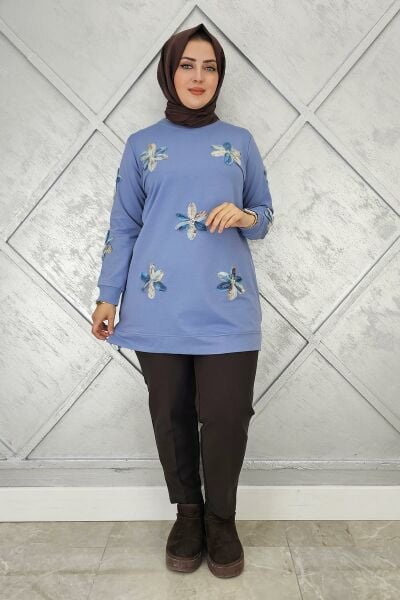 KADIN DİKME ÇİÇEK DETAYLI TESETTÜR TUNİK MAVİ - 5 BEDEN