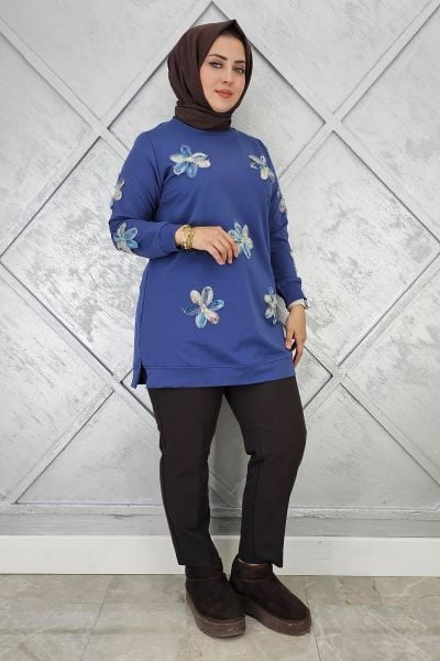KADIN DİKME ÇİÇEK DETAYLI TESETTÜR TUNİK İNDİGO - 5 BEDEN