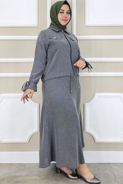 PYS KADIN MANŞETİ BAĞ İPLİ TESETTÜR TAKIM GRİ - 4 BEDEN