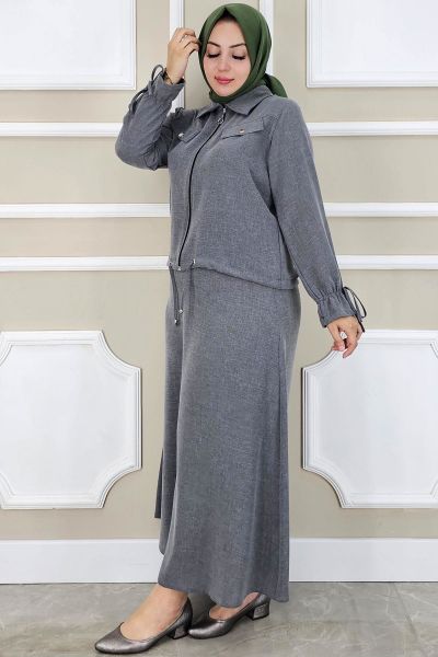 PYS KADIN MANŞETİ BAĞ İPLİ TESETTÜR TAKIM GRİ - 4 BEDEN