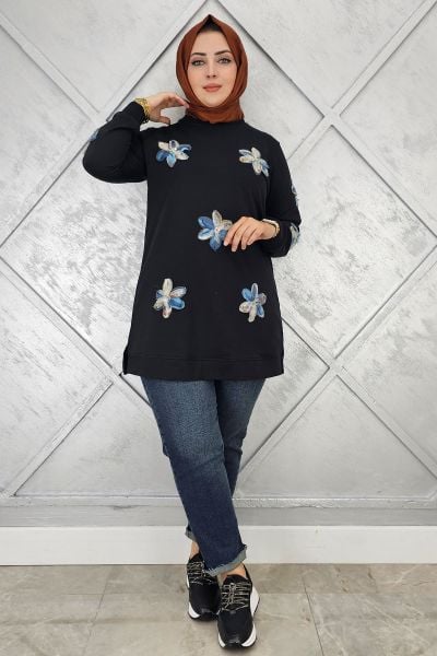 KADIN DİKME ÇİÇEK DETAYLI TESETTÜR TUNİK SİYAH - 4 BEDEN