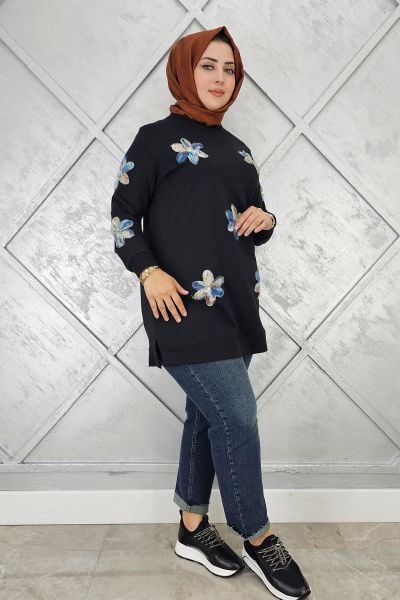KADIN DİKME ÇİÇEK DETAYLI TESETTÜR TUNİK SİYAH - 4 BEDEN