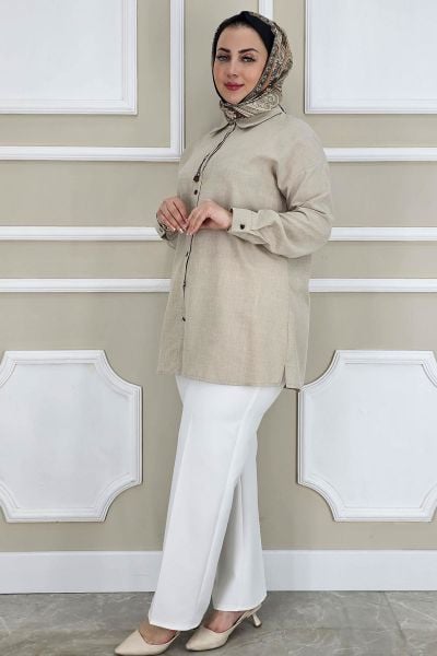KADIN LİKRALI CEPLİ BELİ BAĞCIKLI PANTOLON EKRU - 44